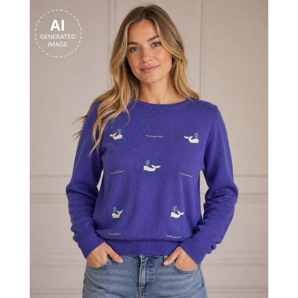 Northern Isles Whale Sweater XL Purple Knit Crewneck Nautical